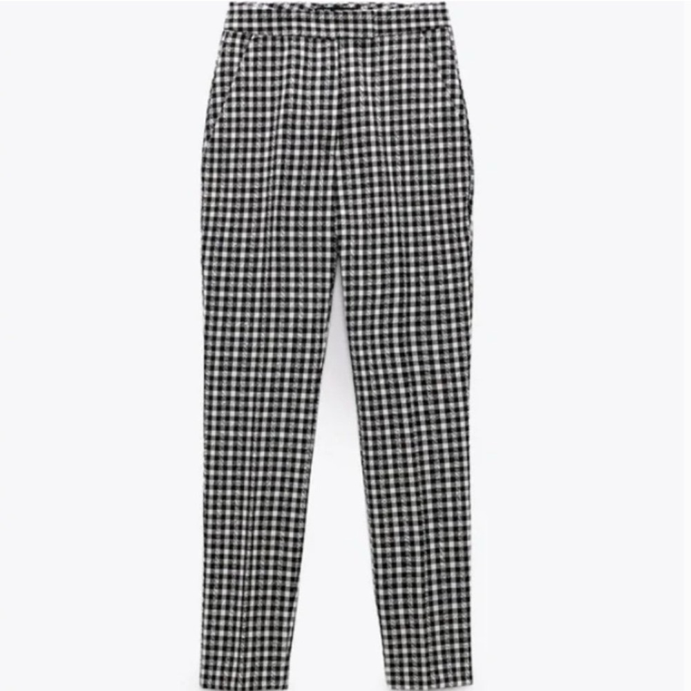 NWT ZARA  Gingham straight leg Black and White Checkered Pants M Grunge
